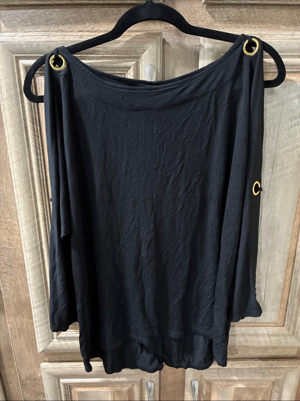 Cable & Gauge Black Cold-Shoulder Top with Gold Grommet Details